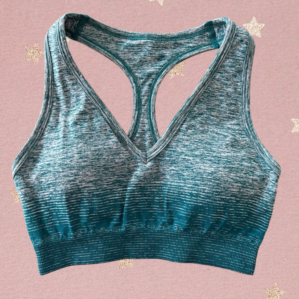 Teal Ombré V-Neck Racer Back Key Hole Sports Bra